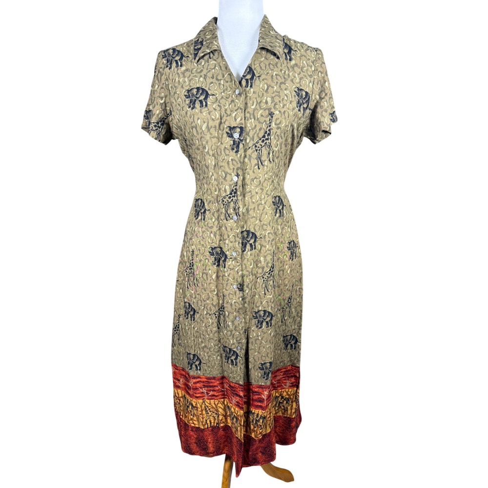 Notations Petite Safari Print Maxi Dress‎ Elephant Giraffe Leopard Rayon PM